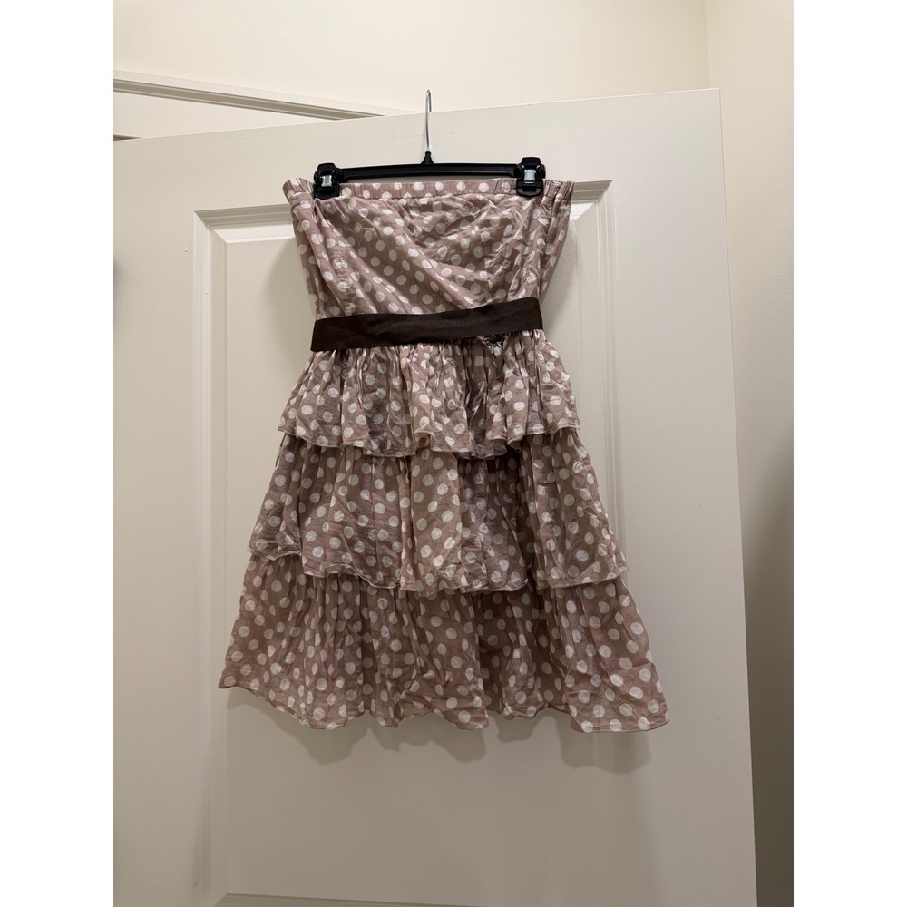 Sisley Polka Dot Strapless Tiered Ruffle Mini Dress Tan Brown Size S